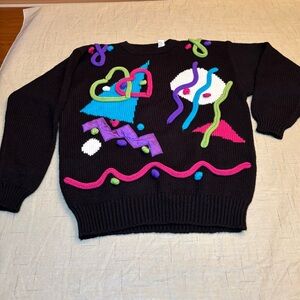 Vintage 80’s 90’s Gitano Black Sweater with Vibrant 3D Abstract Design